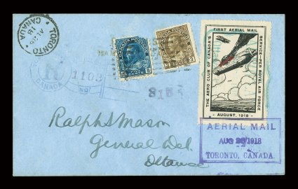 Unitrade CLP1, 1918 (25c) Aero Club of Canada, without numerals, tied by special cachet and cancel dated Aug 16, 1918 to registered cover with additional 3c and 5c (faulty)
Admirals, Toronto and Ottawa backstamps, very fine.