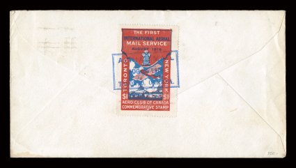 Unitrade CLP3, 1919 $1.00 Red and blue, Aero Club of Canada semi-official air post, tied to back of cover flown on the Aug. 25 Toronto-New York flight, with proper blue boxed
flight cachet tying the stamp, franked with 3c Brown Admiral, corner c