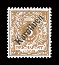 1a, 1899 3pf Light brown, with Karolinen diagonal overprint,, pristine mint single, marvelously bright and fresh, well centered, o.g., lightly hinged, very fine signed Buhler
(Michel 1I Ç750).