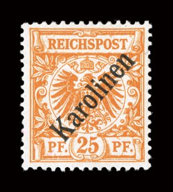 5a, 1899 25pf Orange with Karolinen diagonal overprint, bright color, o.g., lightly hinged, tiny ink mark in the right margin, otherwise very fine clear 1992 BPA certificate
(Michel 5I Ç1,800).