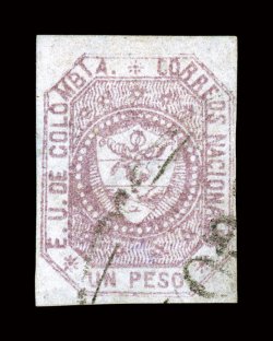 23, 1862 1P Red lilac on bluish paper, ample to mostly large margins all around including an extra-large top margin, bright color, lightly cancelled, faint trace of a thin
spot, otherwise a very fine example of this scarce classic signed E. Die