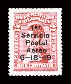 C1, 1919 2c Rose air post, a most impressive unused example of this rarity, being one of the very few sound copies known (the Scott catalog value is for faulty stamps),
incredibly well centered, bright color, very fine only 200 were issued