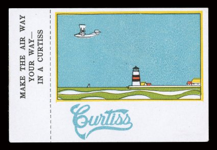 1920 Curtiss Aereo Plane & Motor Co. advertising labels, group of four different, three are marginal copies with the Curtiss imprint in selvage, bright and fresh, very fine
since all four of these designs were eventually used for the issued stam