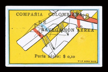 C4, 1920 10c Tilted plane air post, without gum as issued, brilliant colors, four large margins, small partially erased mark below AEREA, otherwise a very fine example of this
rarity signed Calves and others and has 2002 PF certificate.