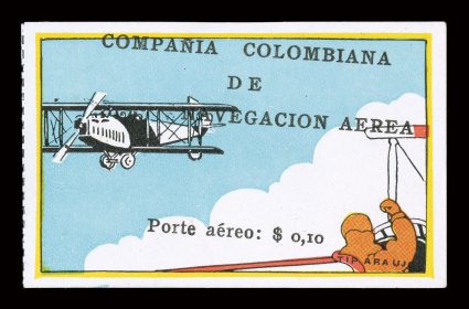 C5, 1920 10c Flier in plane air post, without gum as issued, an exceedingly choice example of this rare and colorful stamp, featuring uncommonly large balanced margins all
around, brilliant colors, extremely fine signed H. Bloch and accompanied
