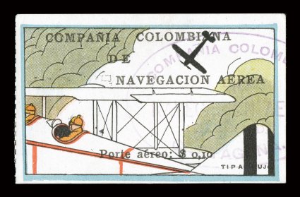 C7, 1920 10c Fuselage and tail of plane air post, used, bright and fresh, ample to mostly large margins, light violet oval pmk., two small thins, very fine appearance the
rarest of all the Compania Colombiana de Navegacion Aerea issues signed