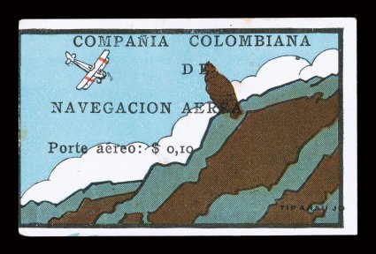 C8, 1920 10c Condor on cliff air post, strong colors, three large margins, just touching the frame line at left, a few light stain spots at top, otherwise fine one of the
rarest Colombian air posts 1973 A. Diena certificate.