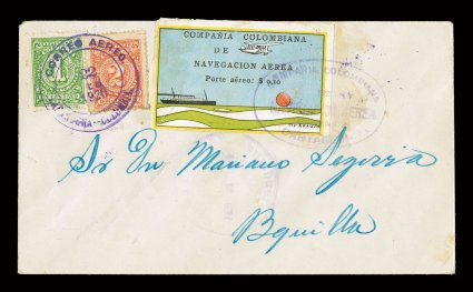C10, 1920 10c Ocean liner air post, tied by oval company handstamp on cover to Barranquilla, with additional 1c and 2c stamps tied by 22 Feb 1920 c.d.s., which is the first
day of the air mail service, Feb. 23 backstamp, stamp with some light ad