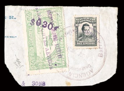 C24, 1921 $0 30c Surcharge on 50c Pale green, tied to piece along with 10c Gray (344) by large circular airmail handstamp, bright color, fine a very scarce air post stamp
signed H. Bloch.