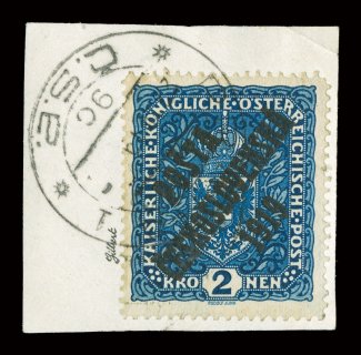 B18a, 1919 2K Dark blue type II with PostaCeskoslovenska1919 overprint, tied to piece by full 22.12.1919 Praha c.d.s., deep intense color, very fine an exceptionally scarce
stamp, especially in this select quality 1995 Mikulski certificate
