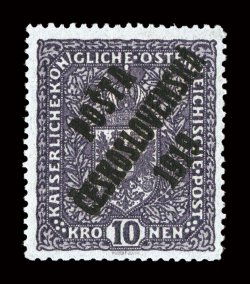 B21a, 1919 10K Deep violet with PostaCeskoslovenska1919 overprint, well centered, intensely rich color, o.g., lightly hinged, very fine signed Mahr BPP (Michel 54b
Ç400).