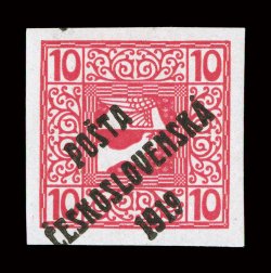 B26, 1919 10h Carmine with PostaCeskoslovenska1919 overprint, very large and even margins all around, brilliantly fresh color on pristine white paper, o.g., lightly hinged,
extremely fine an outstanding mint example of this rare stamp, only