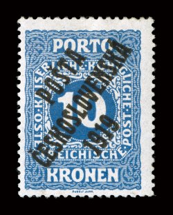 B57, 1919 10K Ultramarine with PostaCeskoslovenska1919 overprint, deeply rich color, o.g., lightly hinged, very fine signed H. Bloch (Michel 91 Ç300).