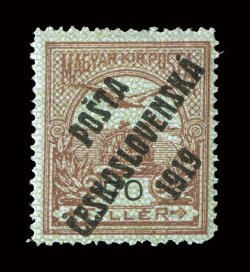 B70, 1919 70f Red brown on green with PostaCeskoslovenska1919 overprint, attractively centered, rich color, o.g., lightly hinged, typical rough perforations, very fine for
this rare value only 150 printed signed many times including J. Mrn
