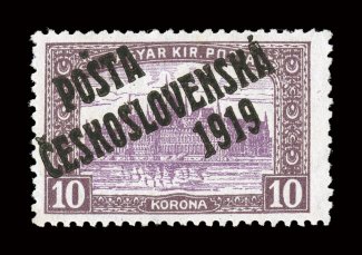 B90, 1919 10K Violet brown and violet with PostaCeskoslovenska1919 overprint, deeply rich colors, o.g., lightly hinged, nearly very fine only 235 issued signed several times
including Kohler and A. Brun (Michel 137 Ç1,300).