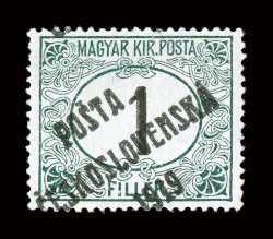 B104, 1919 1f Green and black with PostaCeskoslovenska1919 overprint, unusually well centered, lovely fresh color on pristine white paper, o.g., lightly hinged, very fine an
exceptional example of this rare stamp, of which only a total of 1
