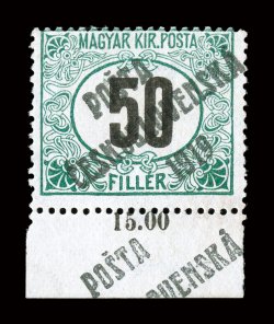 B107, B114, 1919 50f Green and black with PostaCeskoslovenska1919 overprint, two examples, each in a different watermark, the crown watermark is a right sheet-margin single
with 10.00 in the margin, double cross watermark is a bottom sheet