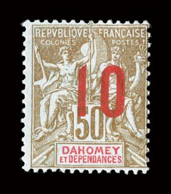 40, 1912 10c on 50c Brown on azure, name in red, a fresh mint example of this key stamp of the colony, o.g., fine signed A. Brun and accompanied by a 1994 Calves certificate
(Yvert 41 Ç1,150).