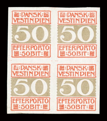 J5-8 var., 1905 5b-50b Postage dues, imperforate, mint blocks of four, each with large margins all around, fresh colors, o.g., lightly hinged, a few stamps actually never
hinged but cataloged strictly as hinged, 50b with trivial gum bend on one