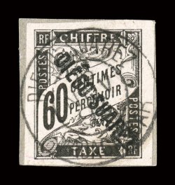 J12, 1892 60c Black postage due, used, tied to piece by full c.d.s. postmark, four large margins, strong color and impression on fresh paper, very fine and choice signed
Calves (Yvert TT12 Ç850).