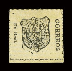 4, 1865 1R Black on straw, a rarely seen unused example, clean impression, portions of frame lines showing on all four sides, fine 1999 Rendon certificate.