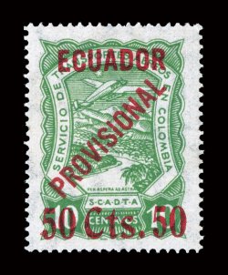 C6, 1928 50 Cts.50 Surcharge on 10c Green air post, exceedingly well centered, wonderfully bright and fresh, o.g., very fine a handsome example of this rare air post, of which
only 100 were printed signed H. Bloch, A. Diena and accompani