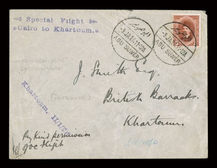 AAMC 13, January 9, 1926 Cairo-Khartoum flight, with 5c Brown tied by Abu Suwer 9.Ja.26 c.d.s., proper violet cachets, cover with small tear at top, otherwise very fine fewer
than 50 pieces were carried on this flight.