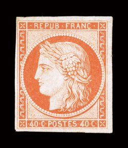 7a, 1850 40c Orange vermilion on yellowish, Ty. I, mint single with four large to exceptionally large margins, the color is fresh and rich in this bright orange shade, full
o.g. with bands of experimental brownish gum at top and bottom, specific