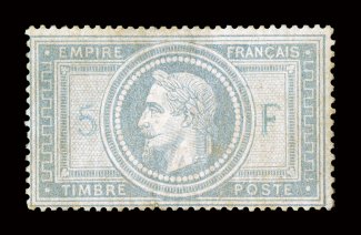 37, 1869 5Fr Gray lilac on lavender, scarce mint single of this high value, quite well centered, full o.g., lightly hinged, tiny filled thin spot that is barely perceptible,
very fine appearance signed R. Calves and accompanied by a 2007 J.F. B