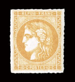 42a var., 1870 10c Bister on yellowish, Ty. B, wonderfully fresh mint single, full well clear to large margins, in addition to which all four sides show rouletting (perces en
lignes), brilliant color, full fresh o.g. with just a trace of hin