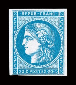 44, 1870 20c Blue on bluish, Ty. II, report 2, especially fresh mint single, well clear to extra-large margins all around, lovely bright color, full o.g., never hinged, very
fine an unusually scarce value in never hinged condition 2003 Behr ce