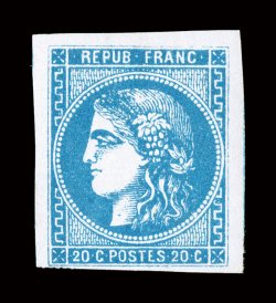 45, 1870 20c Blue on bluish, Ty. III, report 2, attractive mint single with three extraordinarily large margins, closer but clear at bottom, bright color and detailed
impression on fresh paper, o.g., lightly hinged, very fine signed R. Calves (