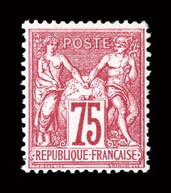 75, 1876 75c Carmine on rose, Ty. I, delightfully fresh example of this scarce stamp, brilliant carmine color on bright paper, very well centered, o.g. that has been lightly
hinged, very fine and choice signed J-P Depasse (Yvert 71 Ç1,300).
