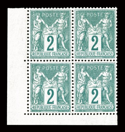77, 1876 2c Green on greenish, a beautiful bottom left corner sheet-margin block of four, perfectly centered, rich luxuriant color on pristine paper, o.g., never hinged,
extremely fine a remarkable quality block signed Roumet in the margin (Yv