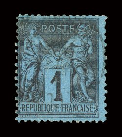 87, 1880 1c Black on Prussian blue, Ty. II, used, with an uncharacteristically light cancel, typical centering, very minor repair at top left, otherwise fine overall a highly
collectable example of this exceedingly rare and often misidentified
