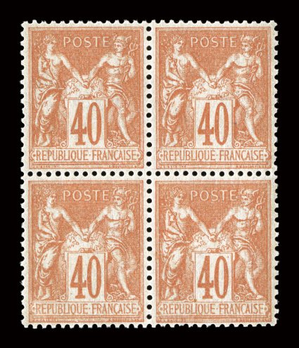 95, 1880 40c Red on straw, mint block of four, exceedingly bright and fresh, well centered, o.g., never hinged, trivial natural inclusion on gum side only, very fine (Yvert 94
Ç900).