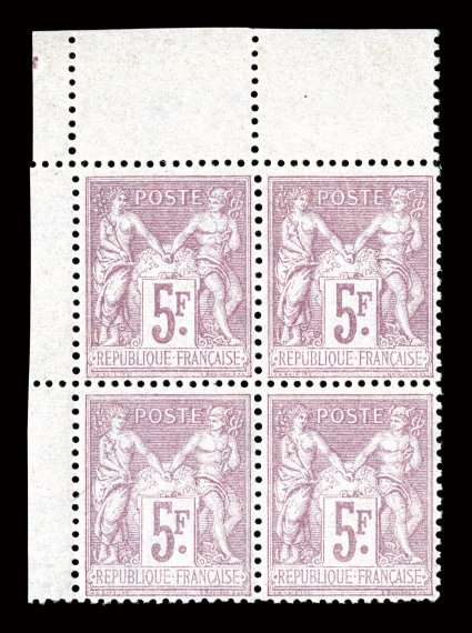 96, 1877 5Fr Violet on lavender, a most impressive top left corner sheet-margin block of four, exceptionally well centered, strong fresh color, o.g., never hinged, bottom
right stamp with a couple tiny spots on gum, very fine an exceedingly sca