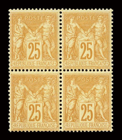 99, 1879 25c Yellow on straw, Ty. II, fresh mint block of four, gorgeous color that is especially rich and bright, o.g., never hinged, fine-very fine each stamp signed Calves
(Yvert 92 Ç2,700+).
