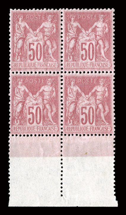 107, 1898 50c Carmine on rose, handsome bottom sheet-margin block of four, marvelously bright color, well centered, o.g., never hinged except top left stamp lightly hinged,
very fine 1999 Roumet certificate (Yvert 104 Ç1,550+).