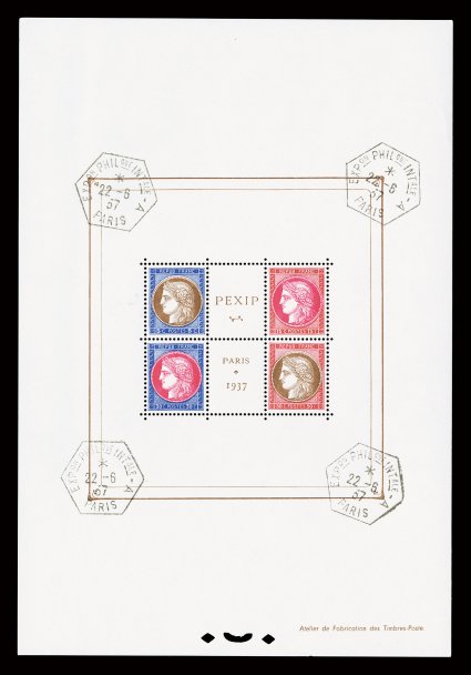 329, 1937 Pexip souvenir sheet, an extraordinarily fresh sheet with four strikes of Expon Philque IntaleParis22 6 37 exposition cancels applied at the four corners of the
frame leaving the stamps uncancelled, o.g., n.h., extremely fine and a