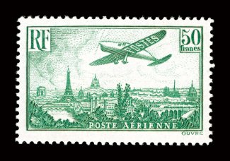C14, 1936 50Fr Emerald Plane over Paris, pristine mint single, rich bright colors, o.g., never hinged, very fine (Yvert A14 Ç2,000).