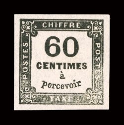 J10B, 1871 60c Black postage due, unused, with dry print at bottom, four large even margins, bright fresh paper, very fine a scarce unissued stamp signed Calves (Yvert TT9B
Ç3,000).