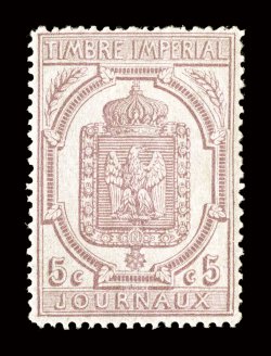 P6, 1868 5c Lilac newspaper stamp, exceptionally fresh, with strong rich color, full o.g., lightly hinged, fine a scarce stamp with full original gum signed Calves (Yvert
TPJ10 Ç1,400).