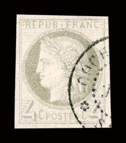 18, 1876 4c Gray, used, large balanced margins all around, fine impression, light Cochin-China Saigon c.d.s., very fine 1990 PF certificate (Yvert 16 Ç650).