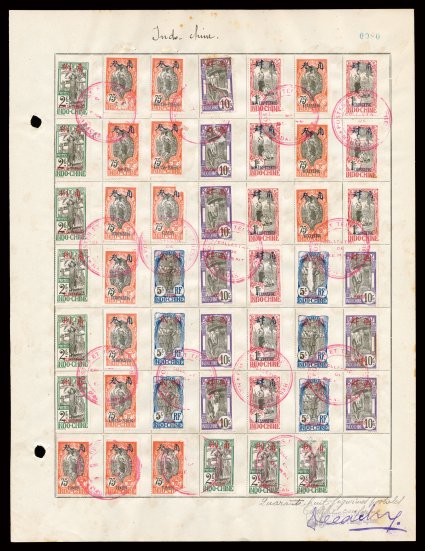 French Offices in China UPU specimen stamps from the Madagascar Post, 25 pages from the Madagascar Post archives, with mostly 3-5 copies of each affixed and tied by special
red c.d.s. and each a page signed by the Director of Posts for Madagascar