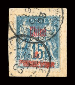 J9, 1903 15c Blue postage due, tied to piece by Tientsin c.d.s. postmarks, especially deep color, fine and quite scarce signed several times and accompanied by a 1998 PF
certificate (Yvert TT8 Ç950).