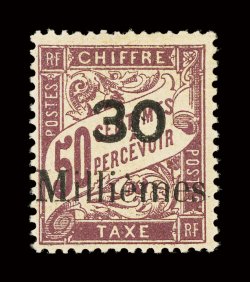 J4, 1921 30 Milliemes Surcharge on 50c Red violet postage due, deep color, o.g., pinpoint thin speck, otherwise fine a rare stamp which is very seldom offered signed A. Diena,
A. Brun (Yvert TT4 Ç3,500).