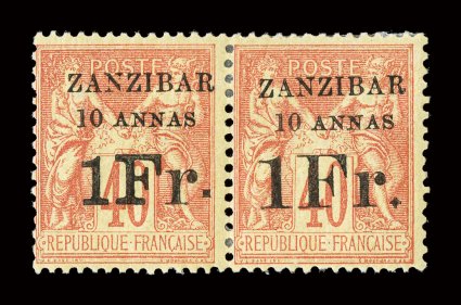 16, 1894 10a & 1Fr on 40c Red on straw, horizontal se-tenant pair showing Yvert types III and I ovpts., o.g., h.r., fine cataloged as two singles signed Miro, Roumet
ex-Gibralter (Yvert 16, 16b Ç1,200+).