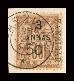 32, 1897 5a & 50c on 3a on 30c Brown on bister, Yvert type VI, tied to piece by light c.d.s., fresh color, very fine signed Bernichon (Yvert 35e Ç850).