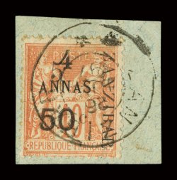 33, 1897 5a & 50c on 4a on 40c Red on straw, Yvert type I, tied to piece by light c.d.s., attractive color, fine and scarce signed A. Brun (Yvert 36 Ç1,000).